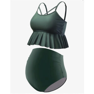 NEW Green Maternity Bikini 2 Pc Swimsuit Ruffle High Waisted S